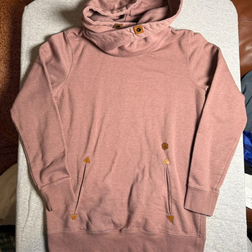 Volcom Tower Womens Cowl Neck Hoodie Pink Longline Pullover Sweatshirt L